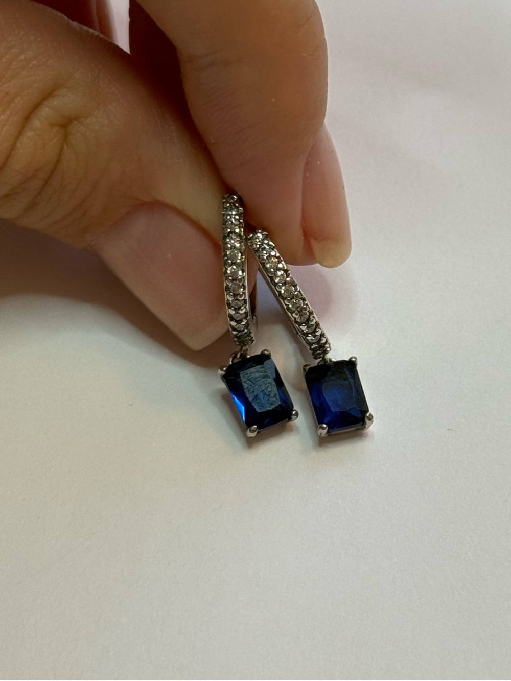 Blue Rectangular Sparkling Hoop Earrings silver S925